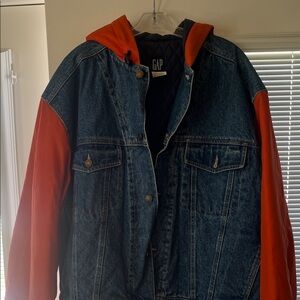 GAP Men's Denim Bomber Jacket with Red Hood & Sleeves
